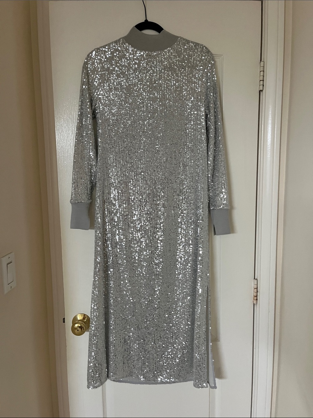 All Saints Silver Sequin Long Sleeve Midi Dress